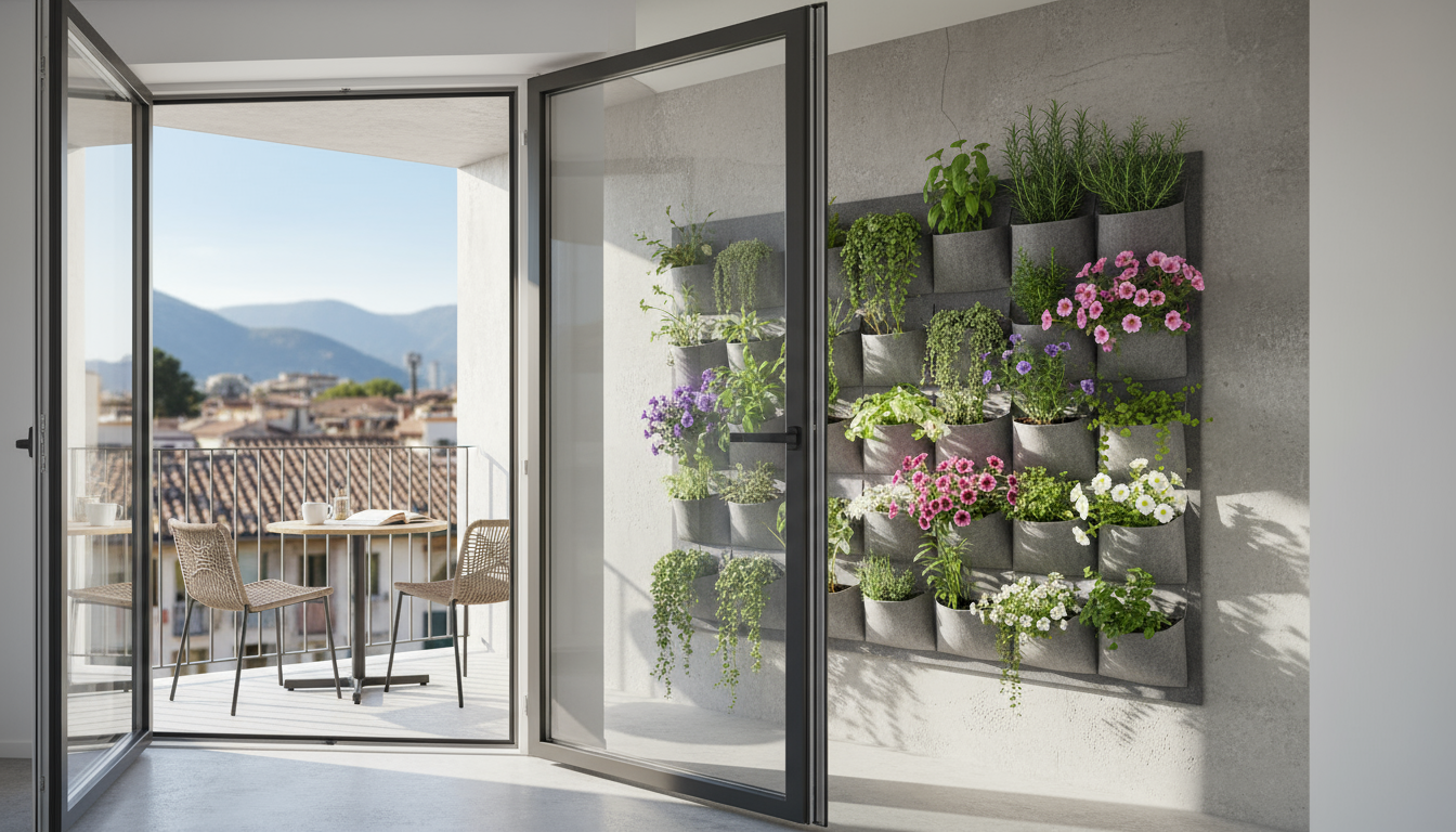 A person's hands comparing a trailing plant and a bushy herb seedling on a small patio, with other diverse small plants and a vertical garden in the b