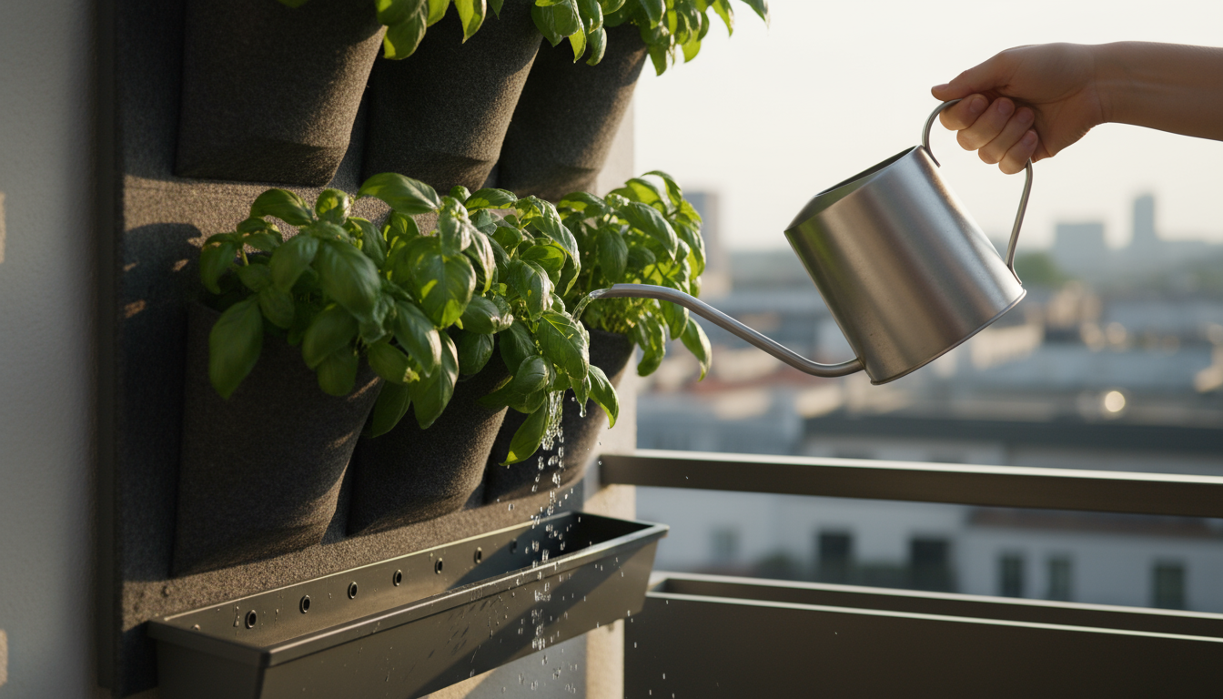 Water visibly dripping from the bottom pocket of a grey felt vertical garden into a matching drip tray on an urban balcony, with a hand holding a wate