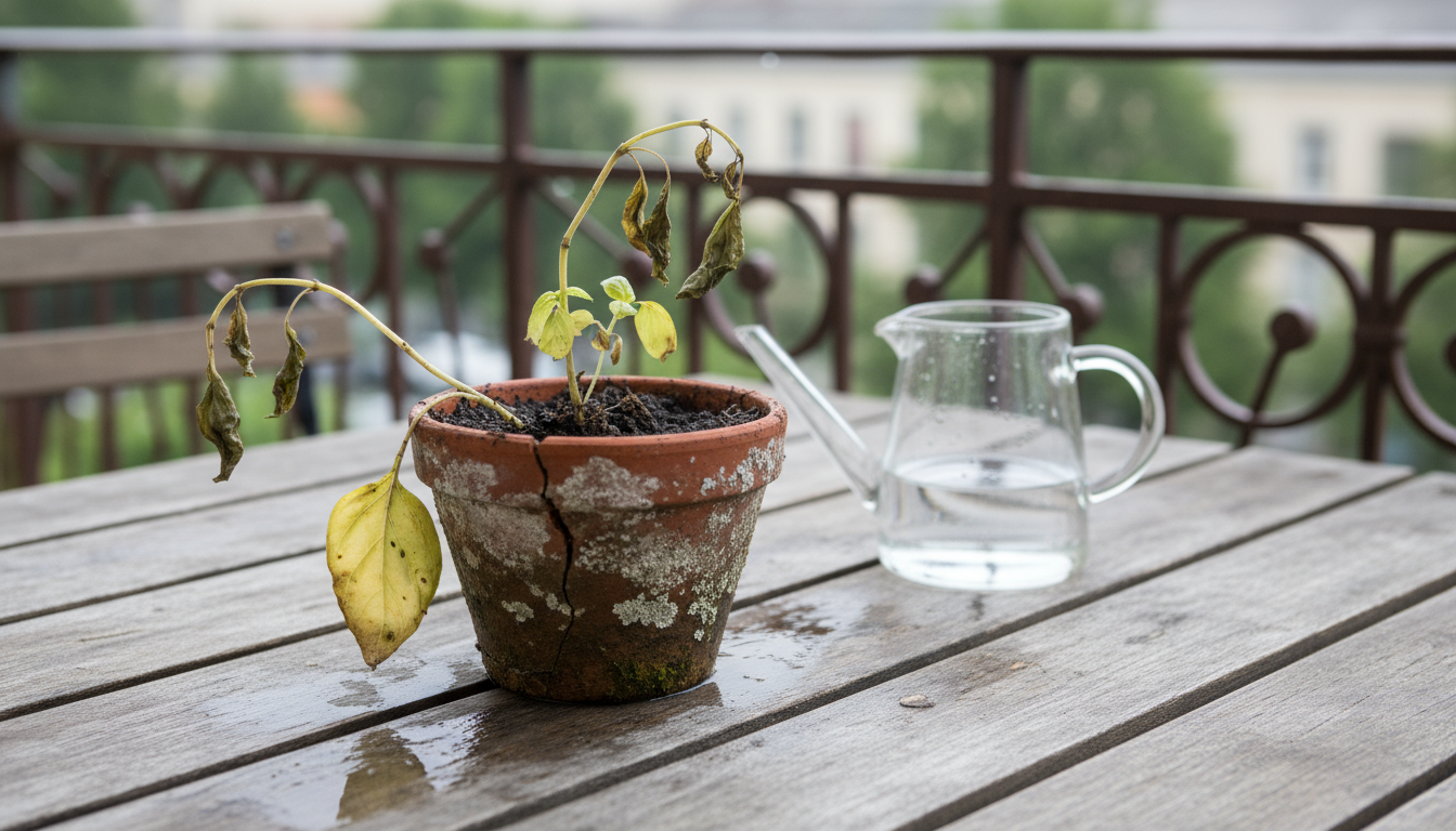 A person's hand gently inspects a potted houseplant with yellowing lower leaves and subtle leaf spots on a balcony table, under soft light.