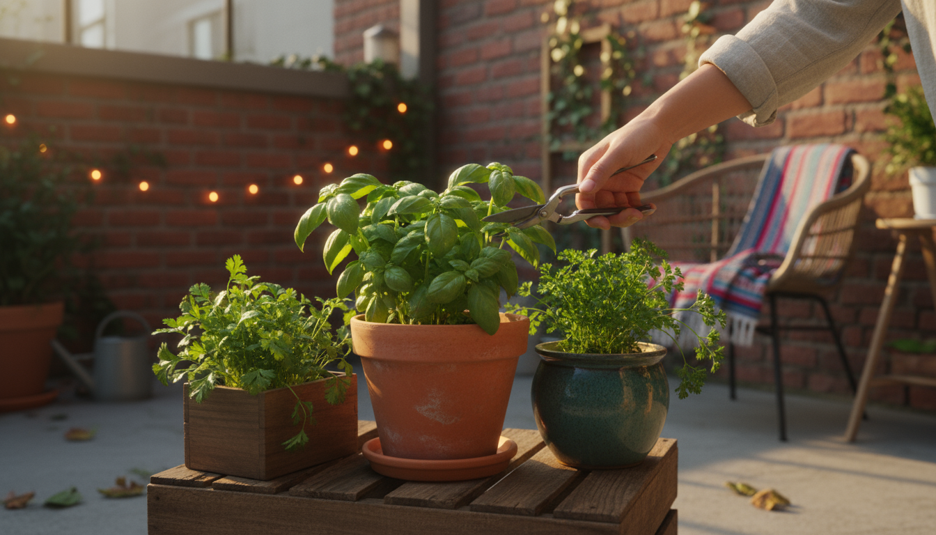 Medium, low-angle shot of healthy, well-spaced basil and leafy greens in a terracotta balcony planter, receiving targeted watering to the soil.