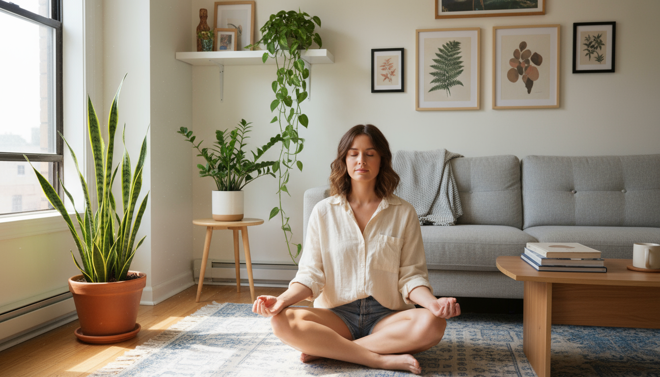 Cozy living room corner with a Pothos cascading from a top shelf, a Snake Plant on a middle shelf, a ZZ Plant below, and a hanging Spider Plant, all i