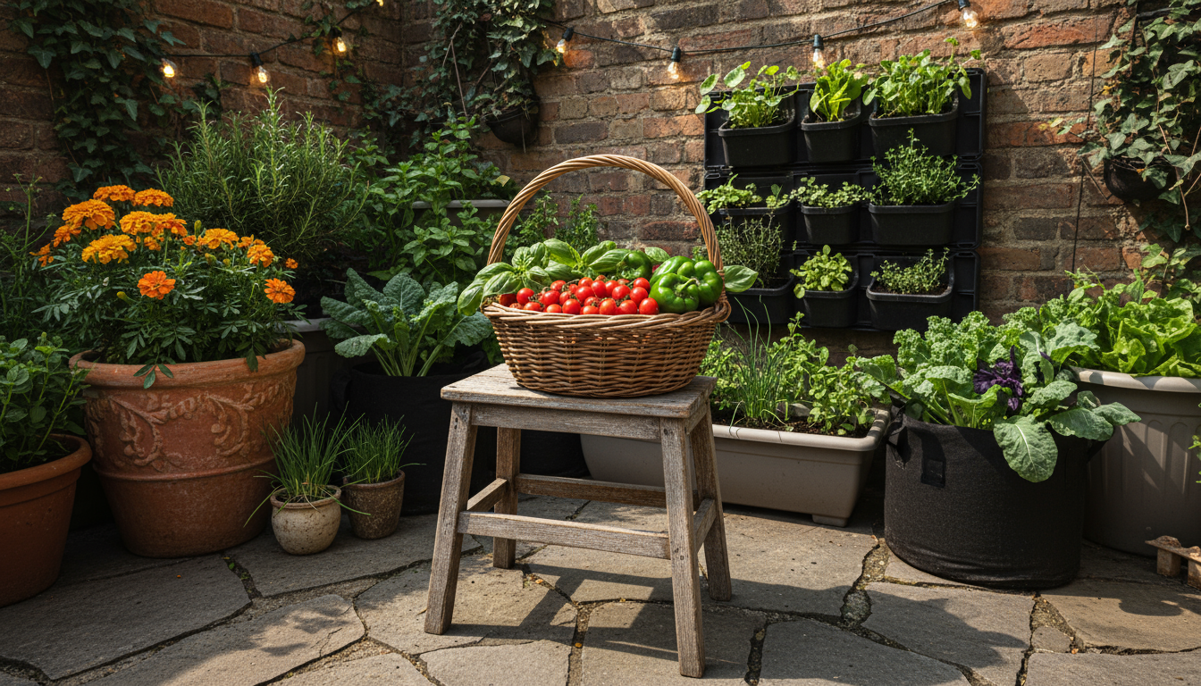 An overcrowded large terracotta pot on an urban balcony, showing a leggy, pale tomato plant competing with dense basil and other herbs.