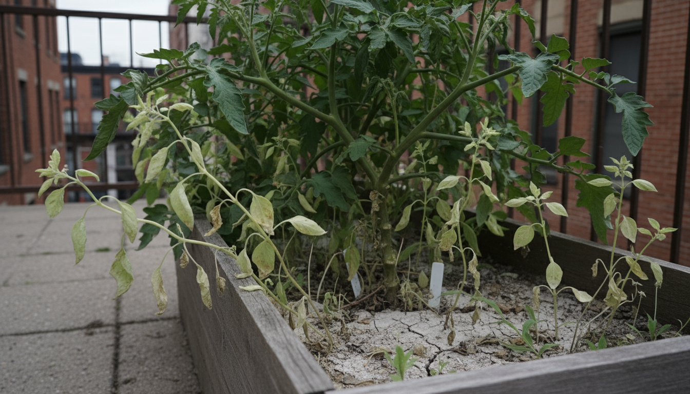 A struggling, pale basil plant in a terracotta pot sits in deep shade next to a thriving, vibrant coleus plant on a small urban balcony.