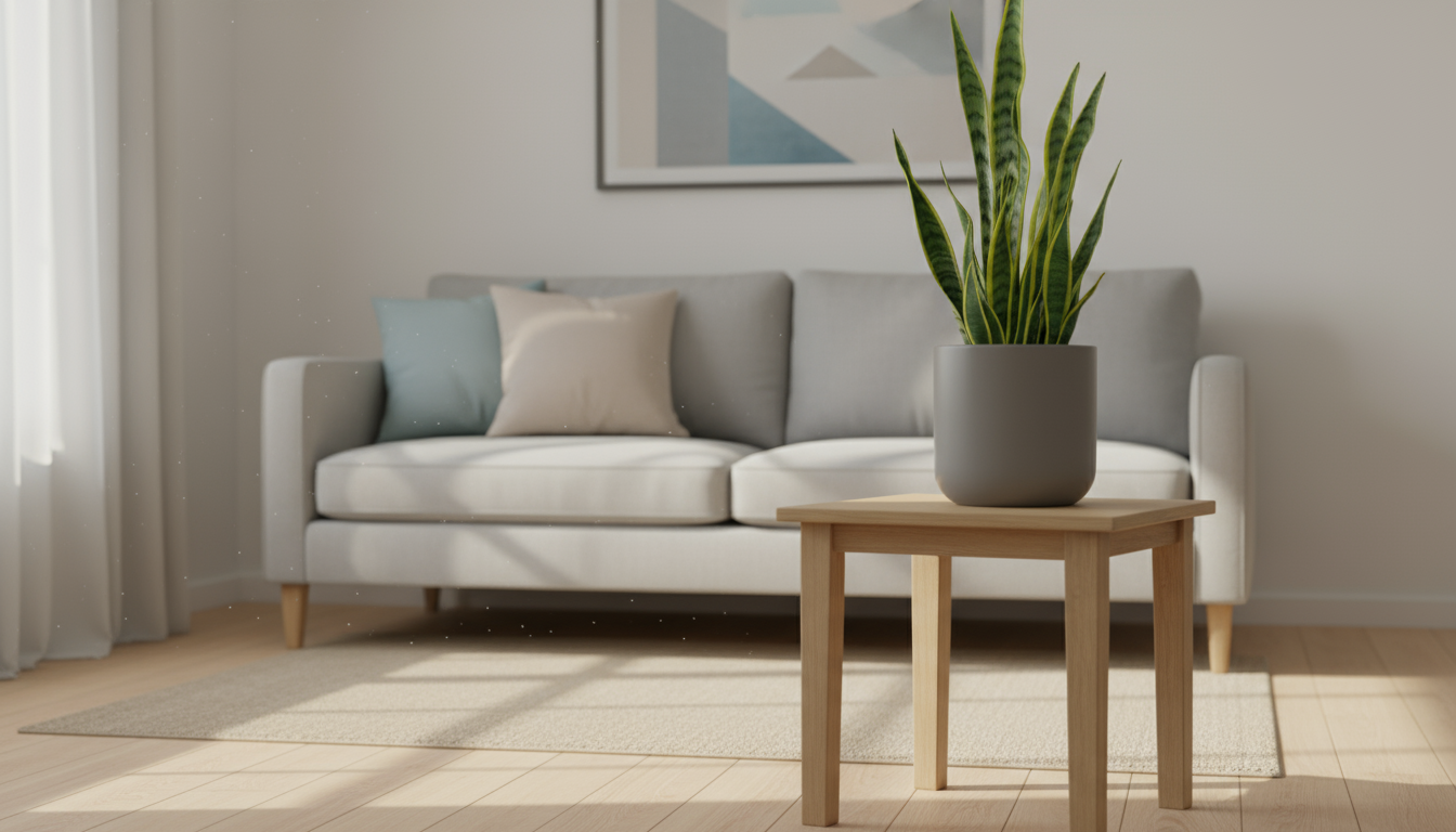 A natural-wood shelving unit in a sunlit apartment corner displays a cascading Pothos, upright Snake Plant, grouped ZZ Plant, and a Boston Fern on a s