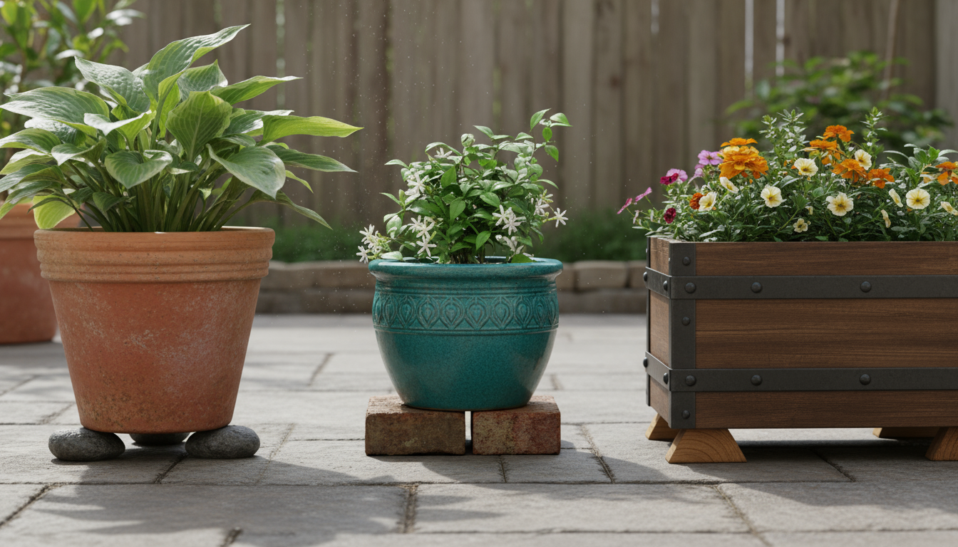 Leggy tomato in deep shade and scorched hosta in harsh sun on an urban balcony, showing poor container plant light placement.