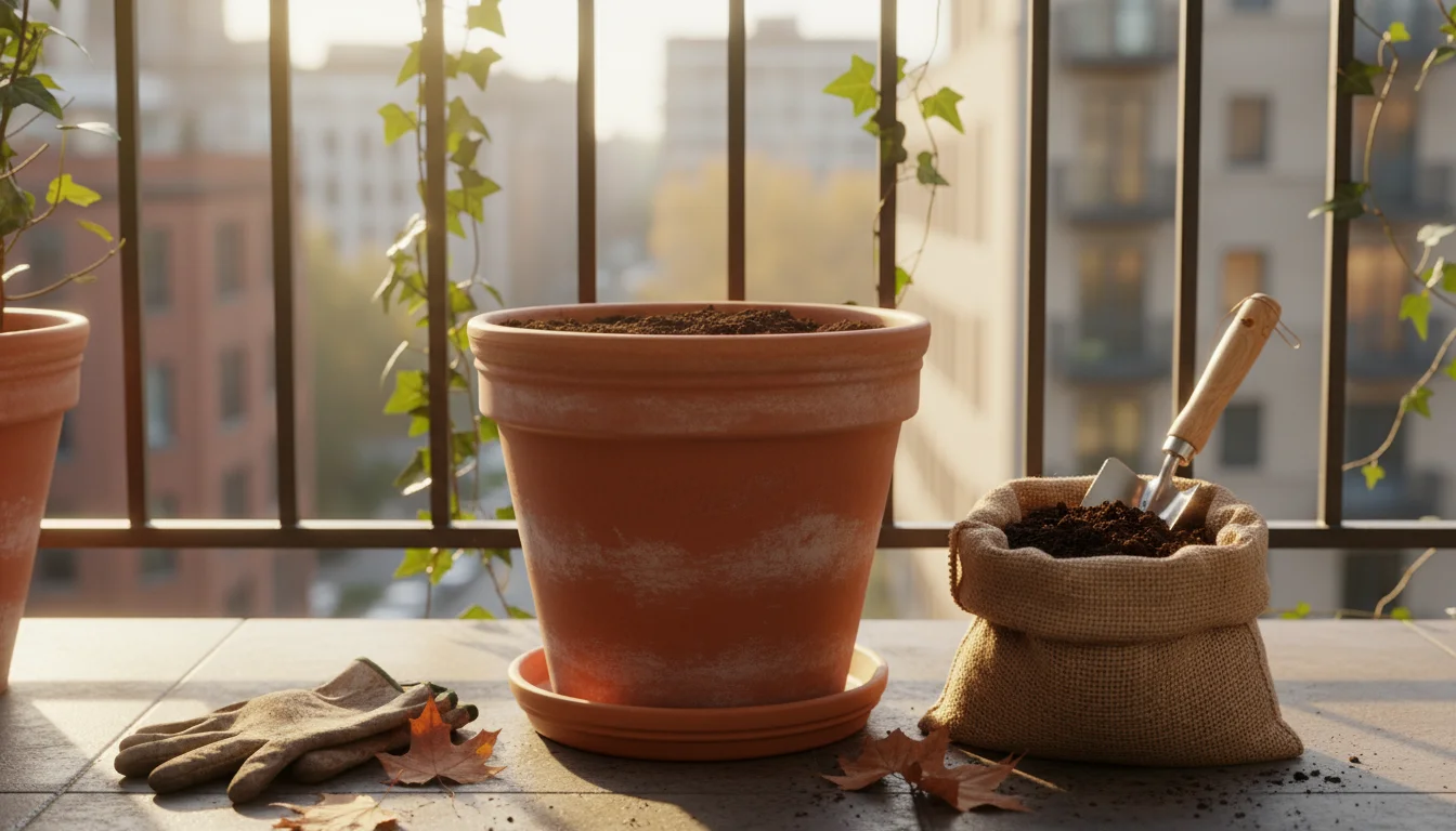 A medium-wide, slightly low-angle shot shows a terracotta pot with dark soil, an open compost bag, and a trowel on an urban patio, surrounded by other