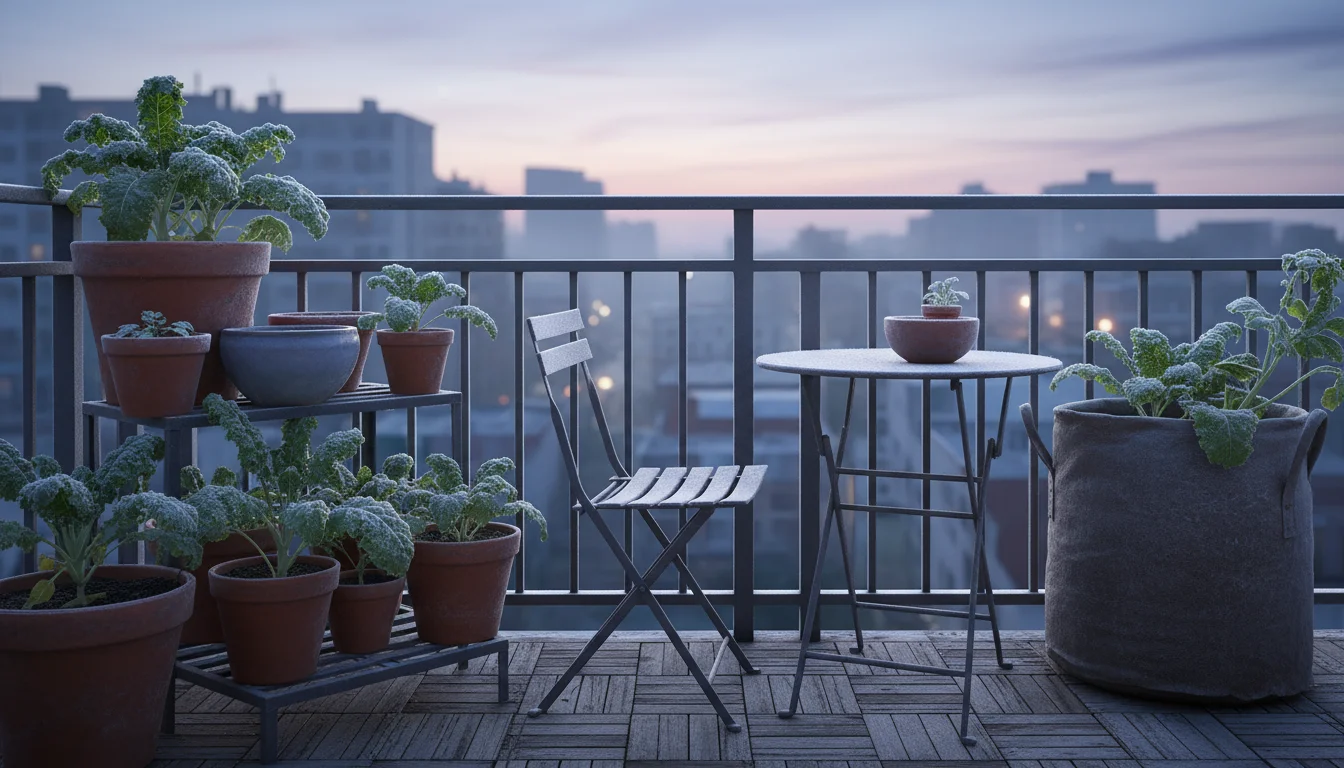 A medium-wide shot of an urban balcony garden at pre-dawn, showing container-grown kale and carrots with delicate frost on their leaves and pots.