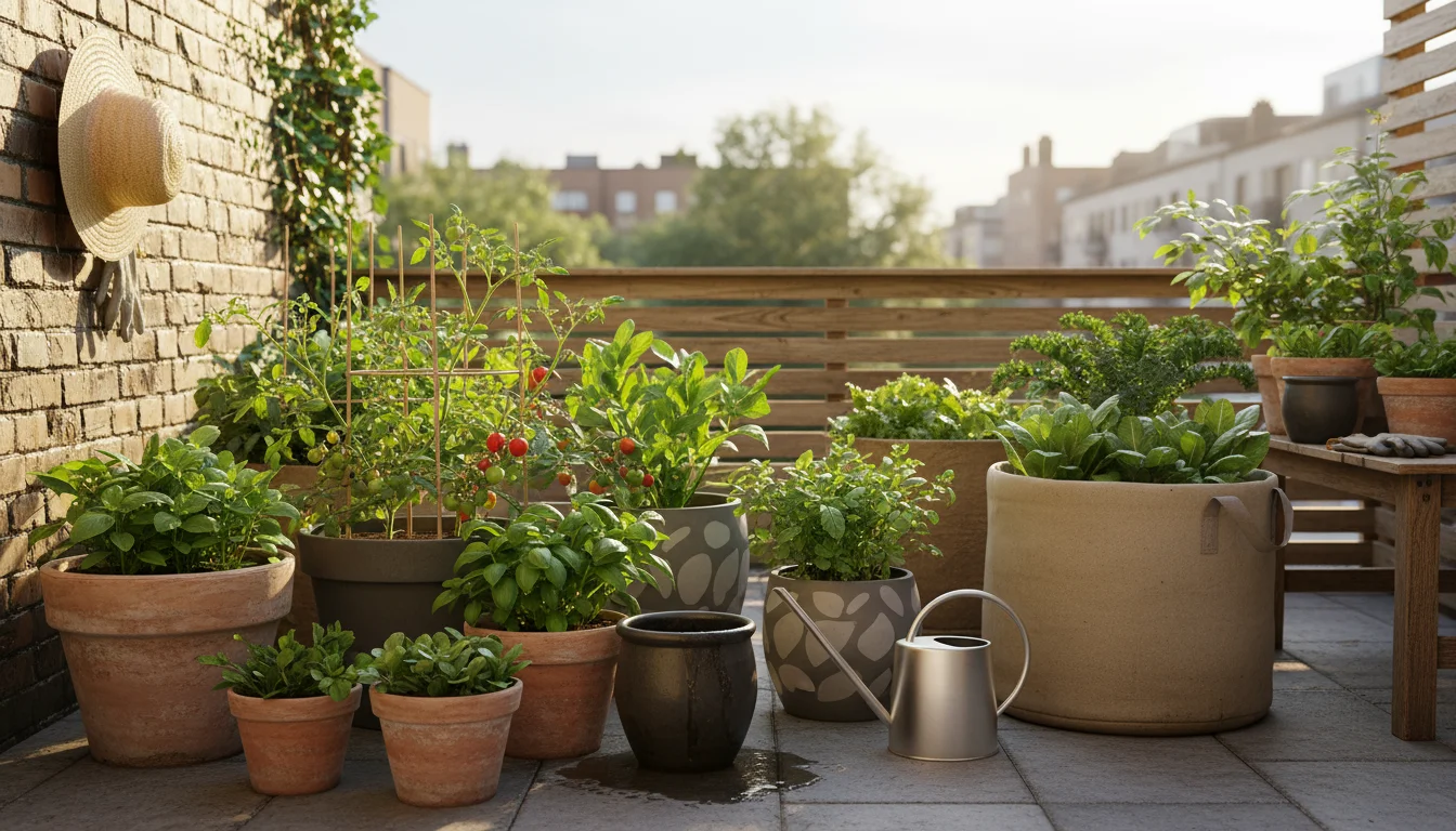 A slightly elevated, medium-wide view of a vibrant small patio corner featuring diverse containers, lush vegetables, a watering can, and a hand touchi
