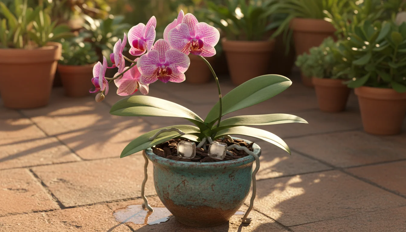 Melting ice cubes on the bark potting mix of a Phalaenopsis orchid in a ceramic pot on a patio.