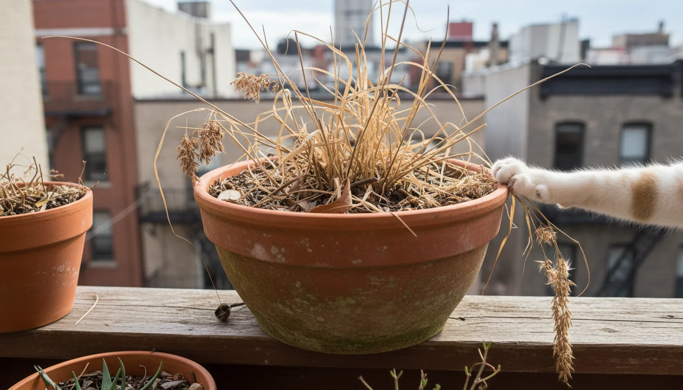 A messy terracotta pot on a balcony railing contains haphazardly arranged dried grass stalks and bare branches, with a cat's paw touching a loose seed