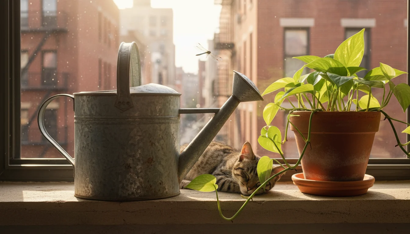 A metal watering can filled with water sits on a sunny windowsill next to a Pothos plant in a terracotta pot, with blurred urban buildings outside.
