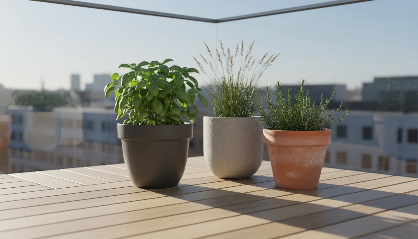 Elevated view of a meticulously clean, minimalist urban balcony corner with several harmonized plant pots on swept decking.