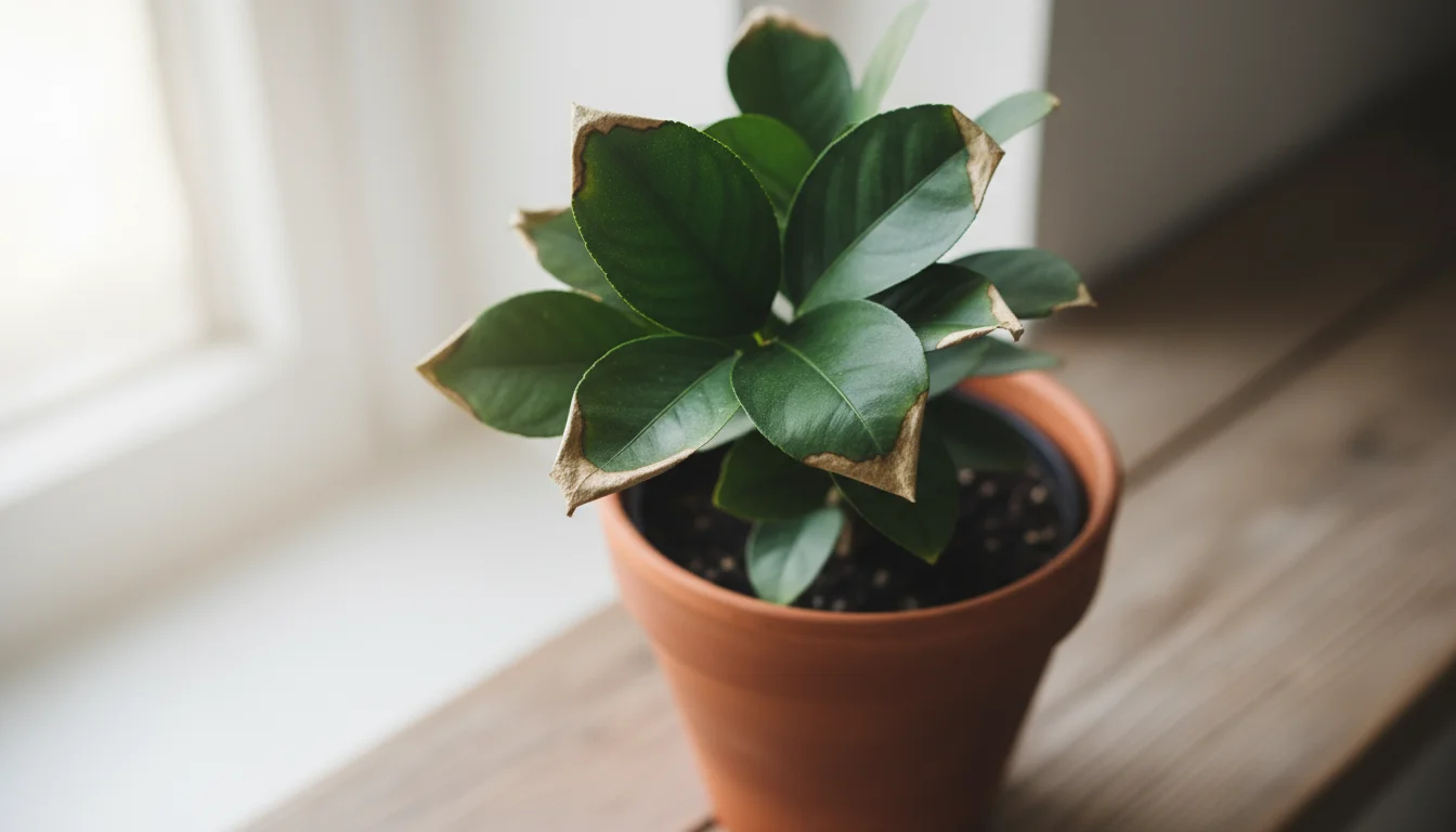 Close-up of a Meyer lemon tree's leaves in a terracotta pot, displaying crispy brown tips and edges from nutrient salt accumulation.