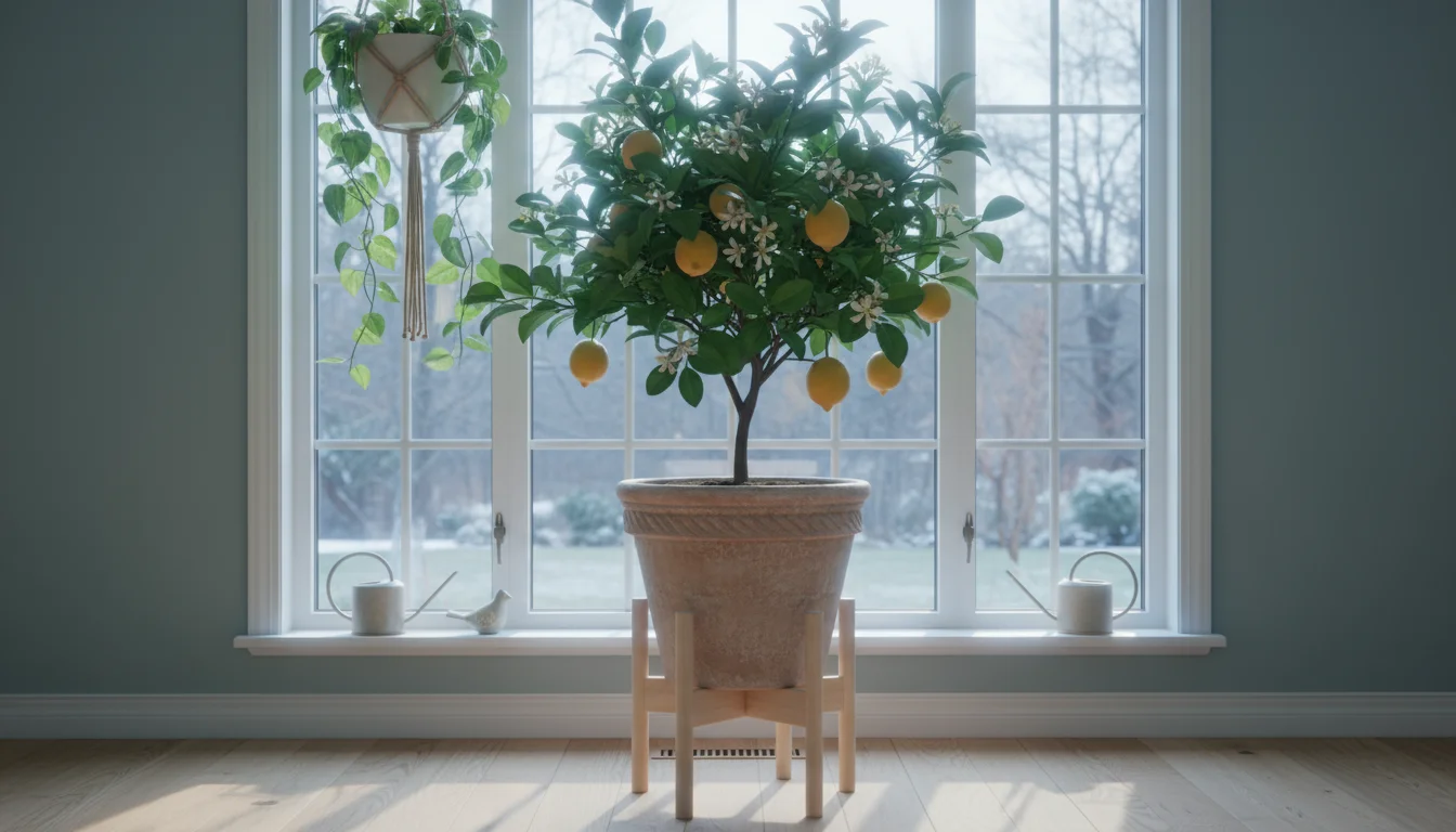 A Meyer lemon tree in a terracotta pot on a stand, basking in sunlight from a window and light from a suspended grow light, with a pebble tray underne