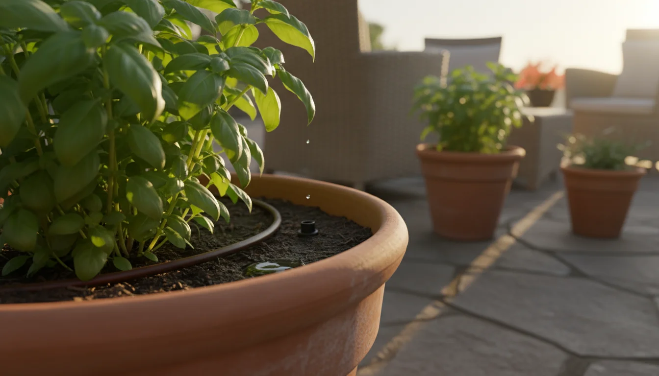 Close-up of a micro-drip irrigation emitter slowly watering vibrant basil in a terracotta pot on a sunlit patio, with tubing visible.