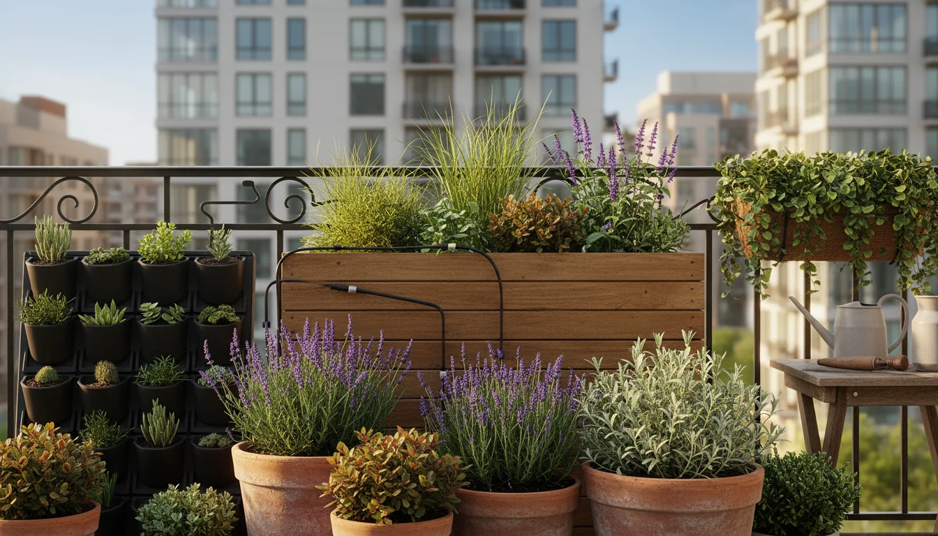 Micro-drip irrigation system efficiently watering drought-tolerant plants in terracotta pots and a wooden planter on an urban balcony.