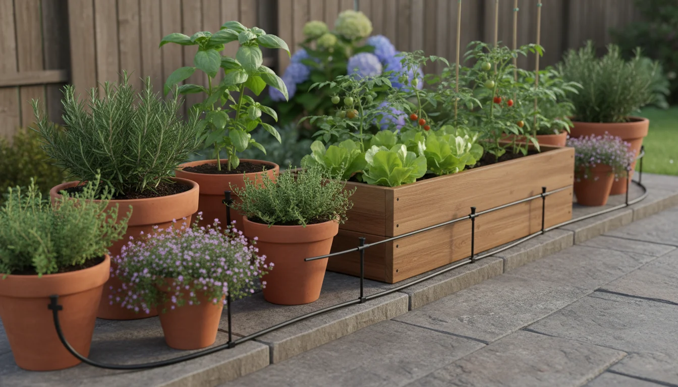 Micro-drip system tubing connecting to container plants on a sun-dappled patio, with a water drop visibly releasing from an emitter.