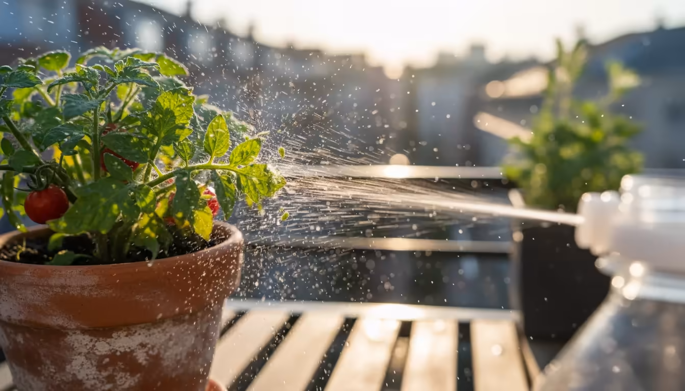 Close-up of a 'Micro-Tom' tomato leaf being sprayed with water, dislodging tiny aphids. A blurred hand holds the spray bottle.
