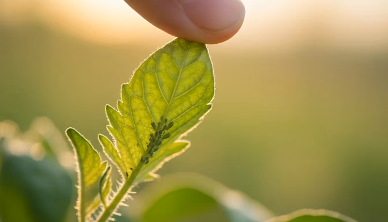 Macro shot of a 'Micro-Tom' tomato leaf's underside, held by a finger, revealing tiny green aphids for early pest detection.