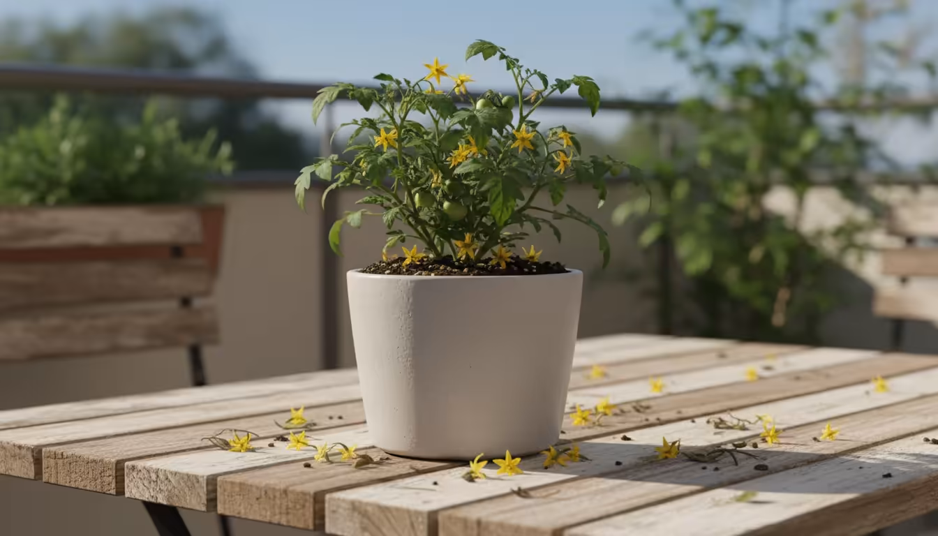 A 'Micro-Tom' tomato plant in a gray pot on a wooden balcony table with several tiny yellow blossoms fallen on the soil and table, bathed in strong af