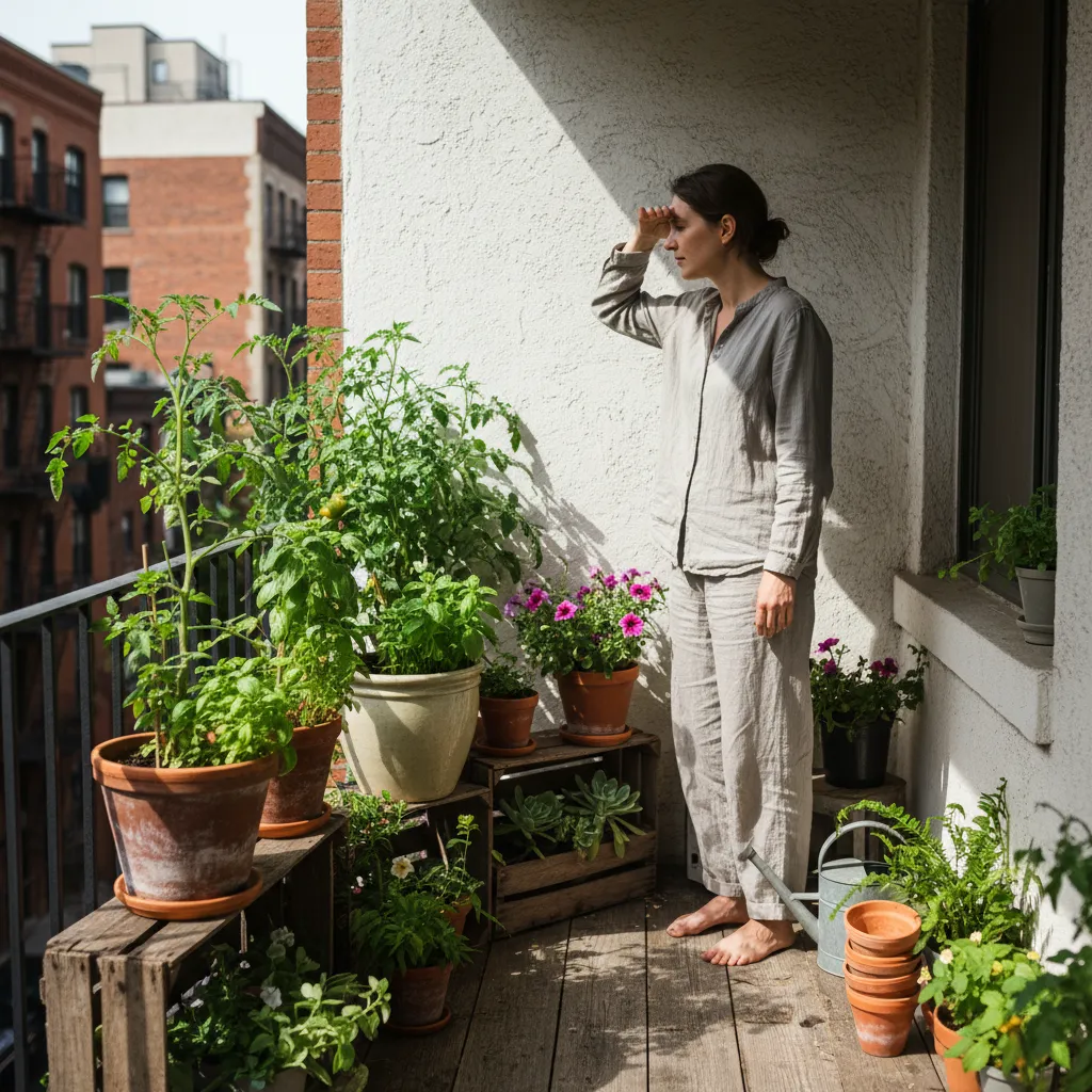 A person on an urban balcony observes sun and shade patterns on container plants. Bright midday light illuminates some pots, while others are in shado