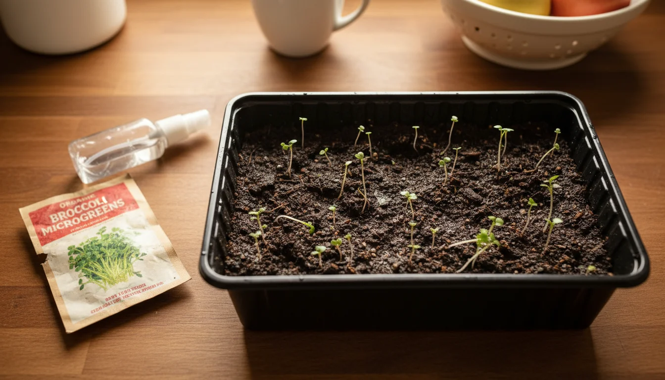 An elevated view of a microgreen tray showing uneven germination, with bare patches and sparse seedlings, next to an old seed packet and a spray bottl