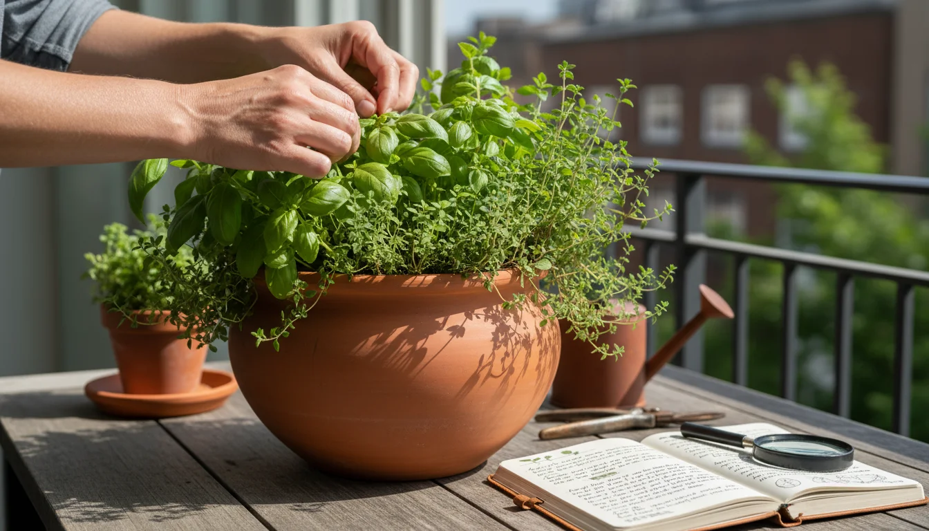 Mid-age hands gently prune basil from a vibrant terracotta 'Pizza Pot' on an urban balcony, with an open gardening journal nearby.