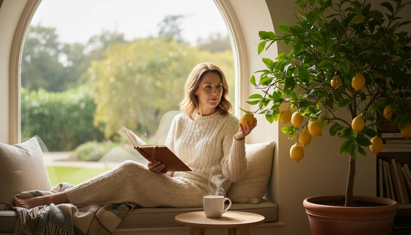 Mid-aged woman in a cozy sweater sits on a window seat, gently touching a ripe lemon on a flourishing potted tree indoors.