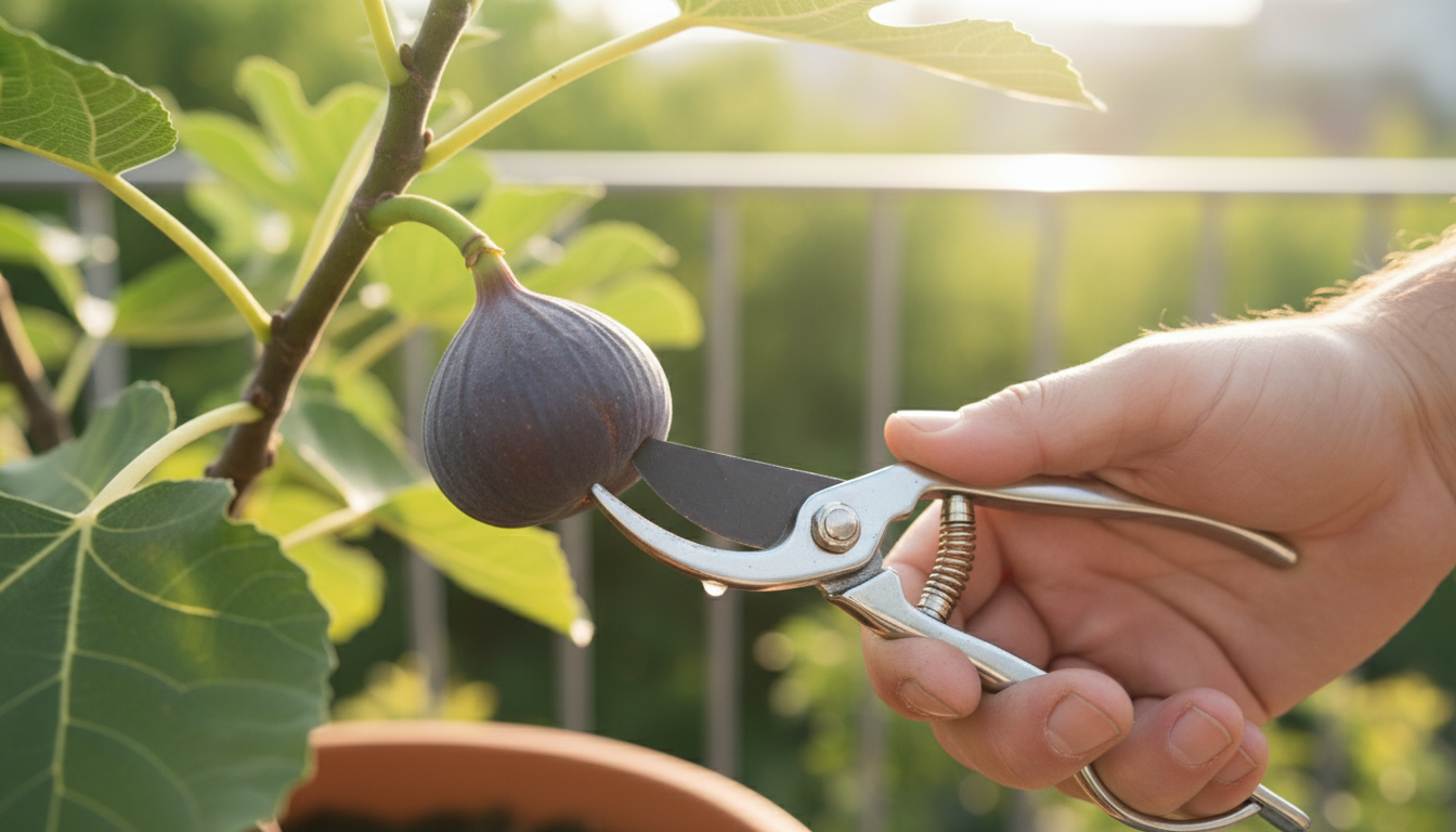 A person's hands hold pruning shears next to a well-pruned dwarf fig tree on a sunny patio, with small green fruits visible and snipped branches.