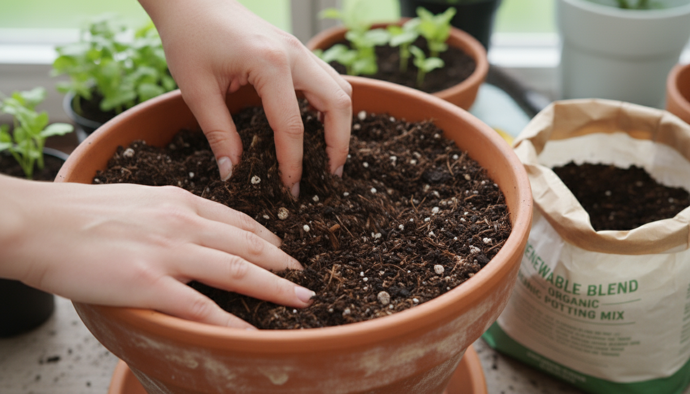 Close-up of hands inspecting a tomato plant leaf for aphids, one hand holding a water spray bottle, with companion plants in the background.