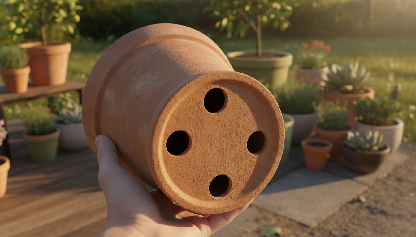 A woman gently inspects the underside of a deep green leaf on a container-grown tomato plant on a sun-dappled patio.