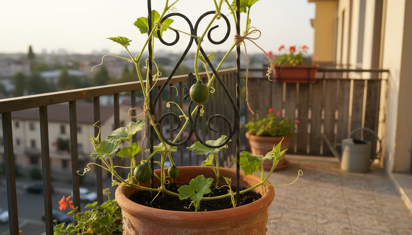 A mini pumpkin vine with small green gourds, climbing a dark metal trellis in a large terracotta pot on a sunny apartment balcony.