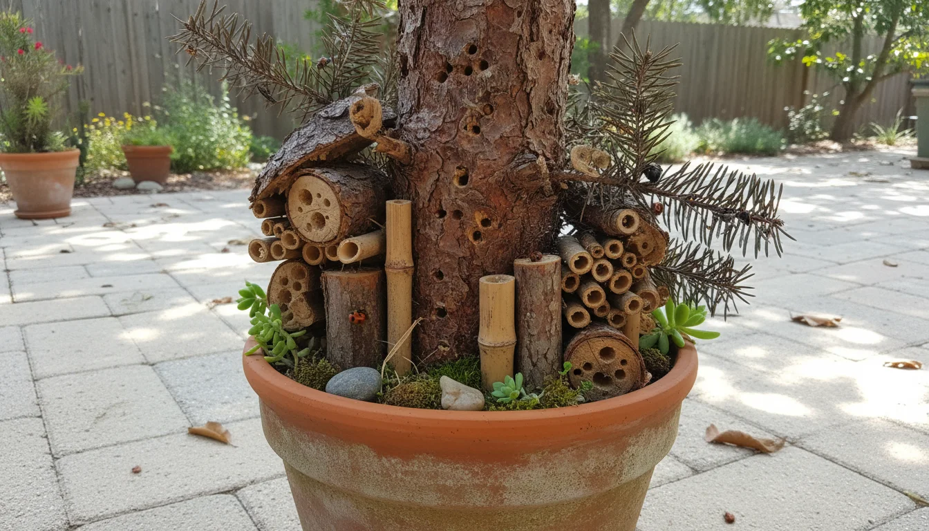 Mini wildlife habitat made from old Christmas tree branches and bamboo in a large terracotta pot on a patio, surrounded by other dormant containers.