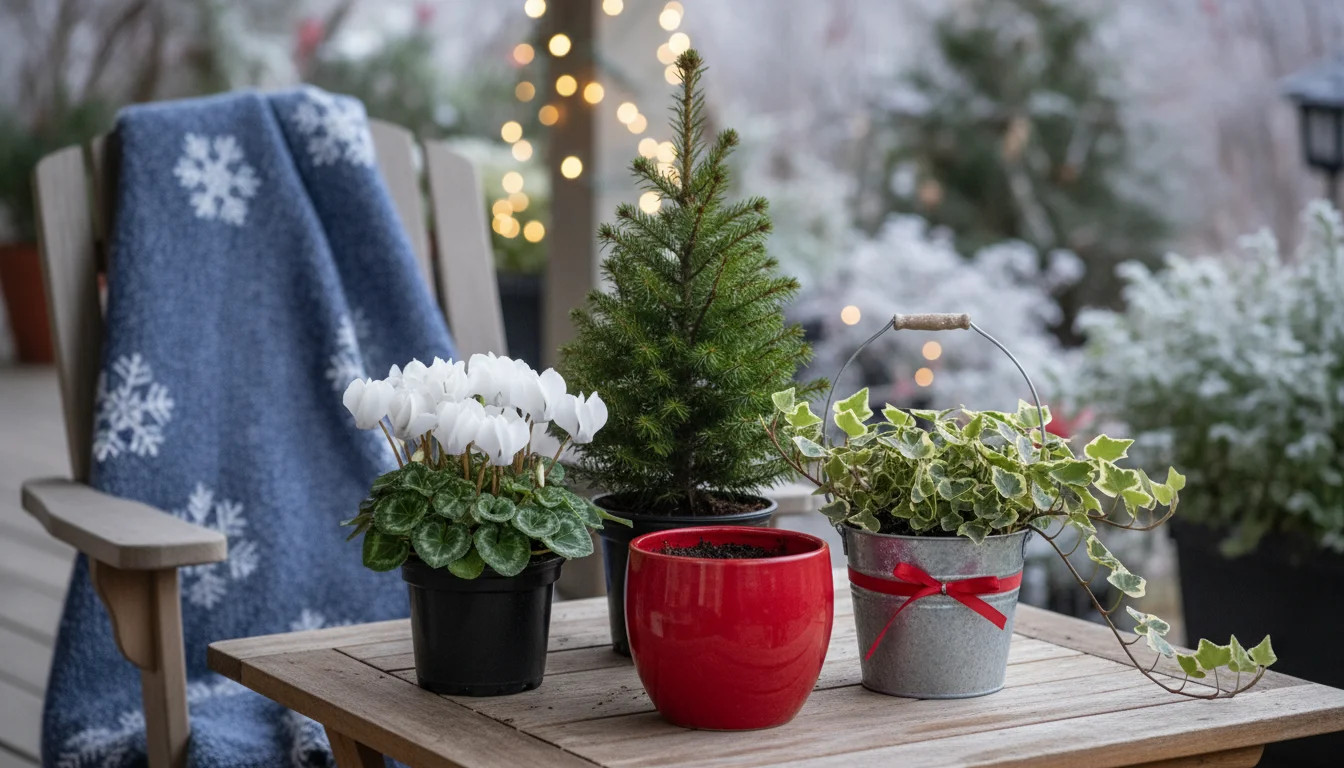 A miniature Alberta spruce, white cyclamen, and variegated ivy in nursery pots sit on a wooden table with empty holiday containers.