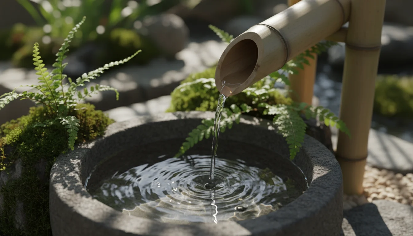 Miniature bamboo shishi-odoshi tipping water into a small ceramic basin, dappled sunlight on water and plants.