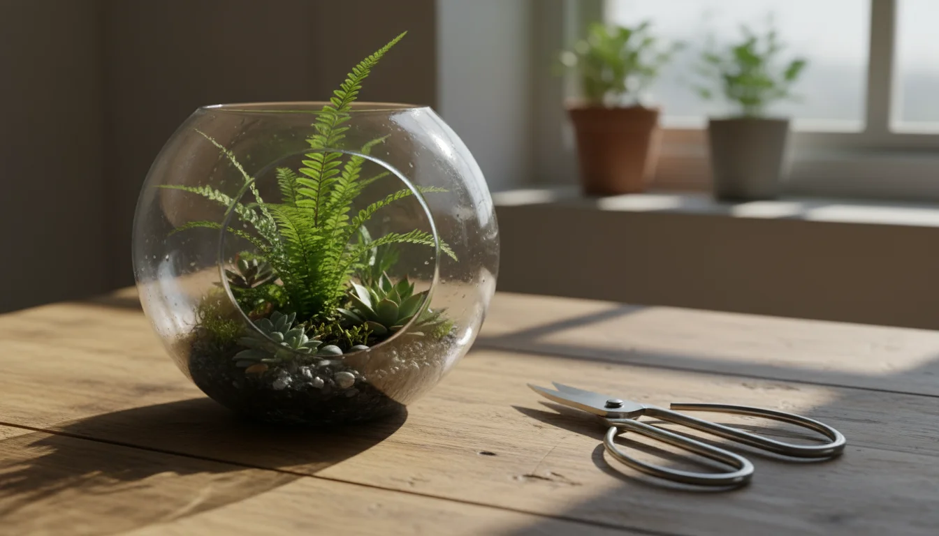 Miniature fern in a glass terrarium, with small silver pruning shears on a wooden table beside it.