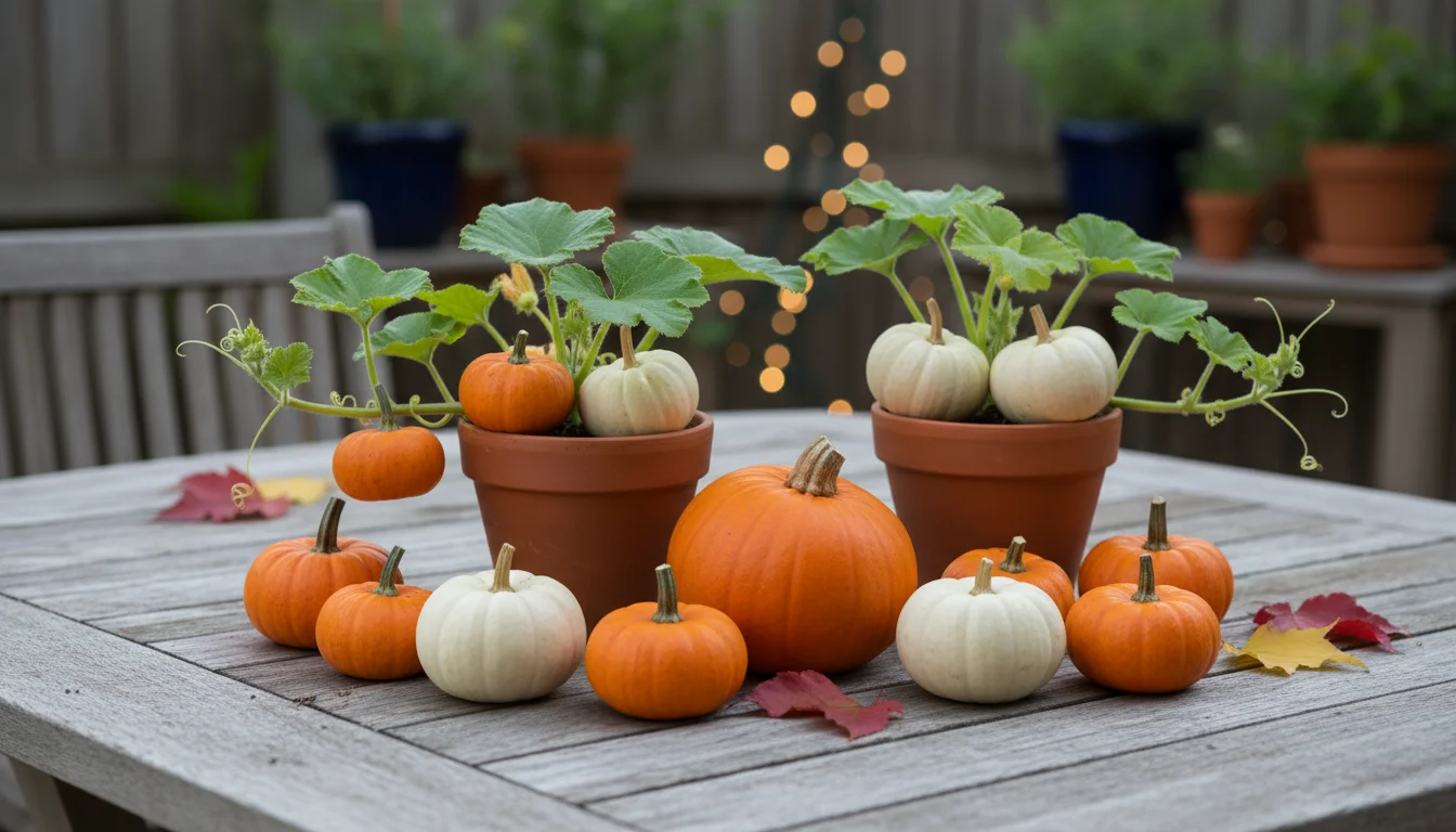 Miniature orange 'Jack Be Little' and white 'Baby Boo' pumpkins, with a 'Sugar Pie' pumpkin, displayed on a patio table. Some are still on potted vine