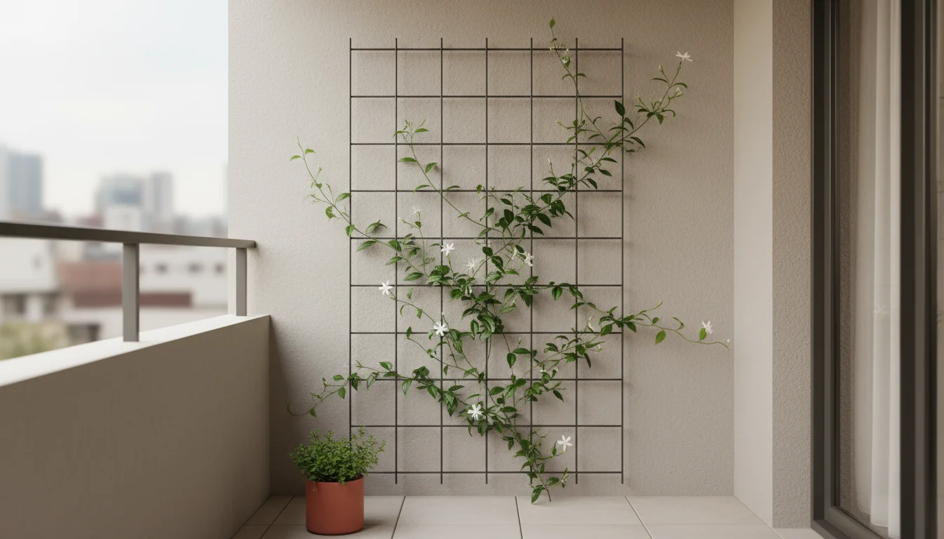 Minimalist dark metal trellis with small-leaved jasmine on a textured stucco wall of a compact urban balcony, terracotta pot below.