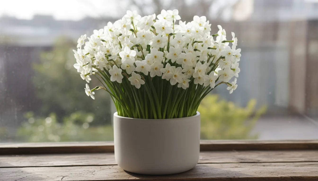 A minimalist light gray ceramic pot overflows with blooming white Paperwhite Narcissus, featuring tall green stems and clusters of delicate white flow