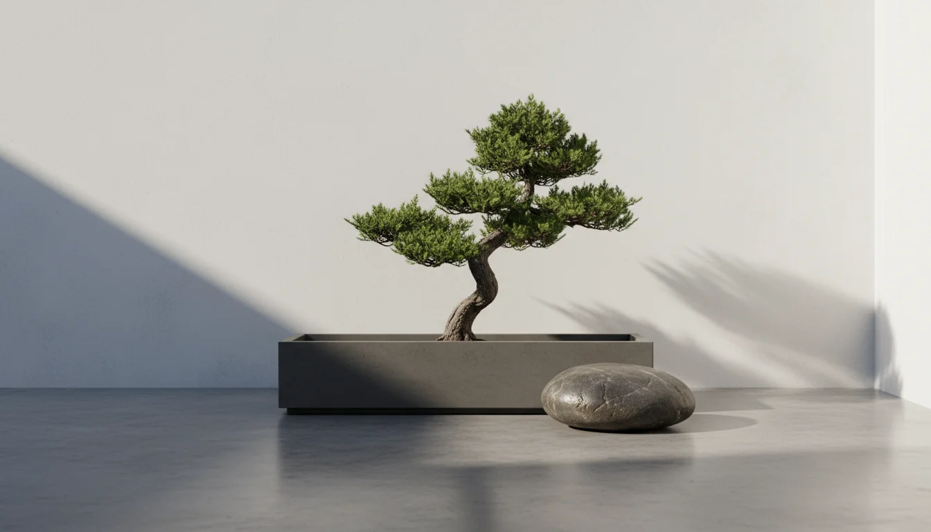 A minimalist patio corner with a dwarf juniper bonsai in a dark grey planter and a smooth river stone on light concrete.