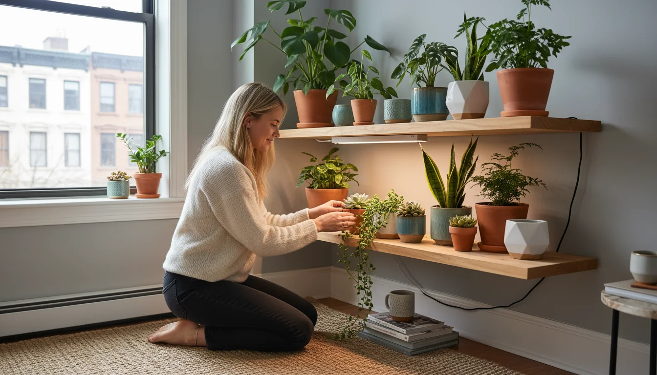 A minimalist plant shelf with healthy container plants under an LED grow light. A hand rotates a potted herb for even light.