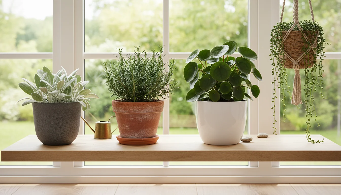 An eye-level view of a minimalist wooden shelf displaying four diverse small container plants for a sensory garden, bathed in natural light.