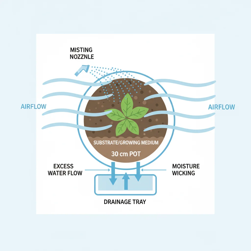 Misting system diagram: Water flows to a plant in a 30cm pot via airflow and moisture. Key parts labeled.