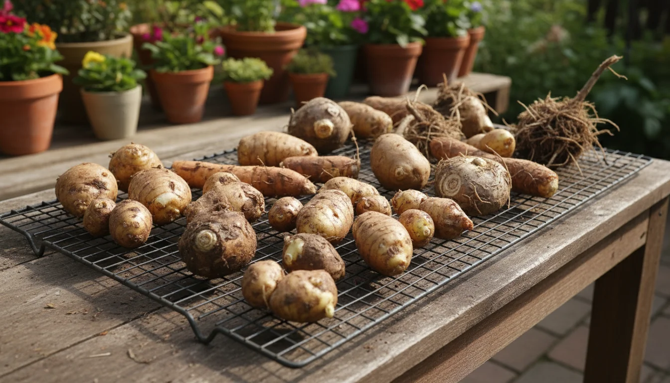 Mix of dahlia, canna, and caladium tubers laid out on a wire mesh drying rack on a wooden bench for curing.