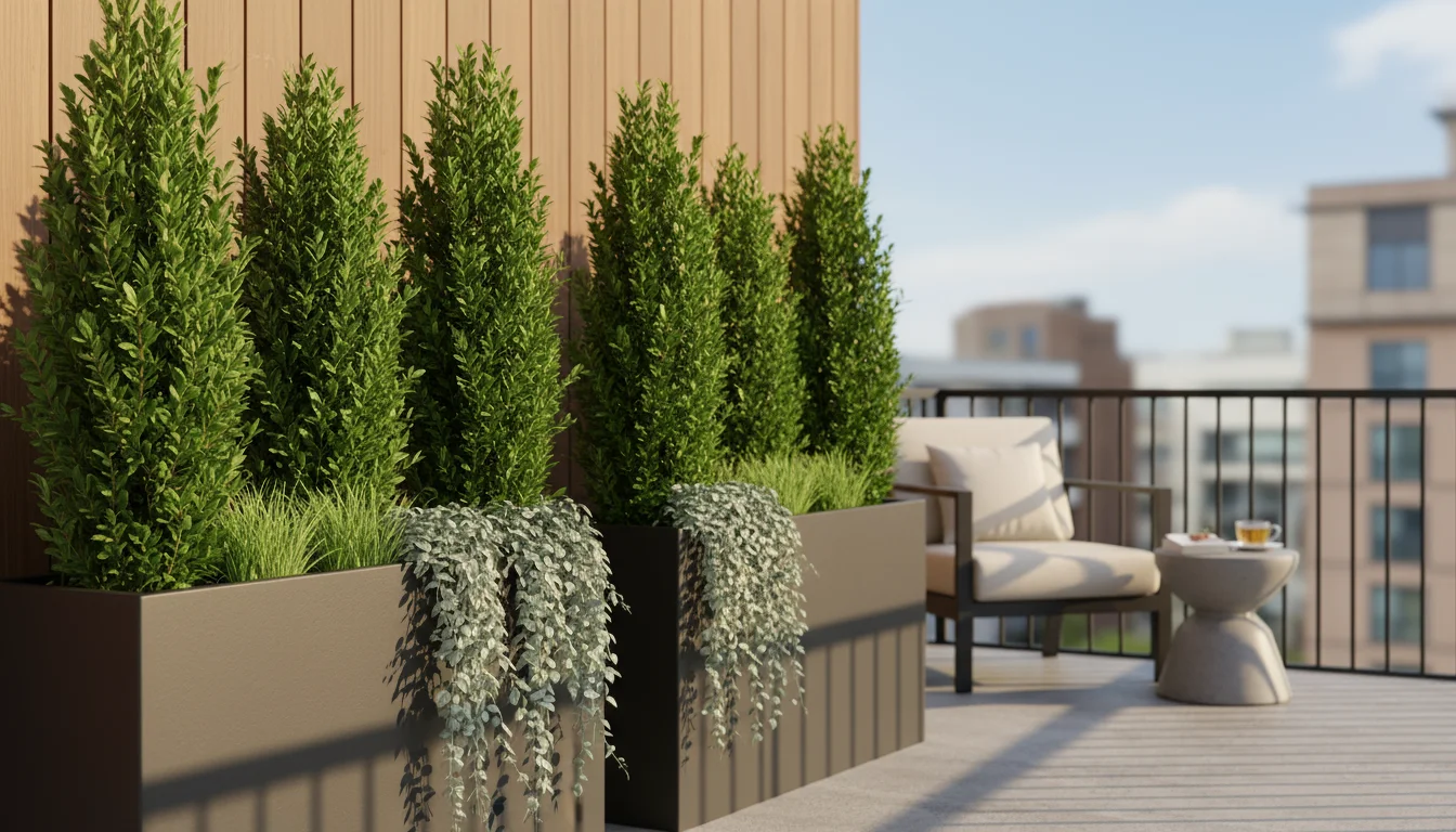A modern balcony privacy screen made of 'Sky Pencil' hollies and feather reed grass in dark grey container planters. An empty wood armchair with a boo