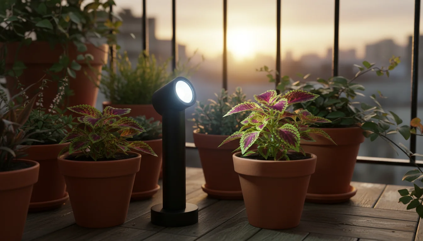 A modern black LED garden spotlight illuminates a vibrant coleus plant in terracotta pots on a balcony at golden hour.