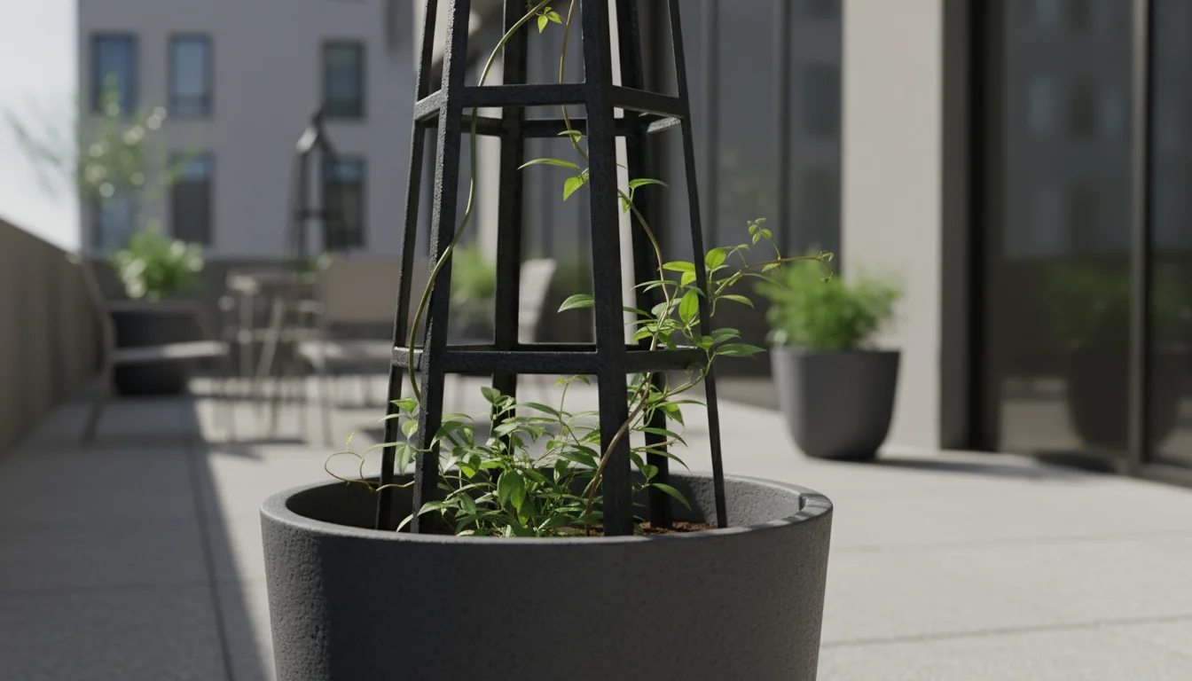 Modern black metal obelisk in a large charcoal planter on a patio, with a young clematis vine starting to climb for privacy.