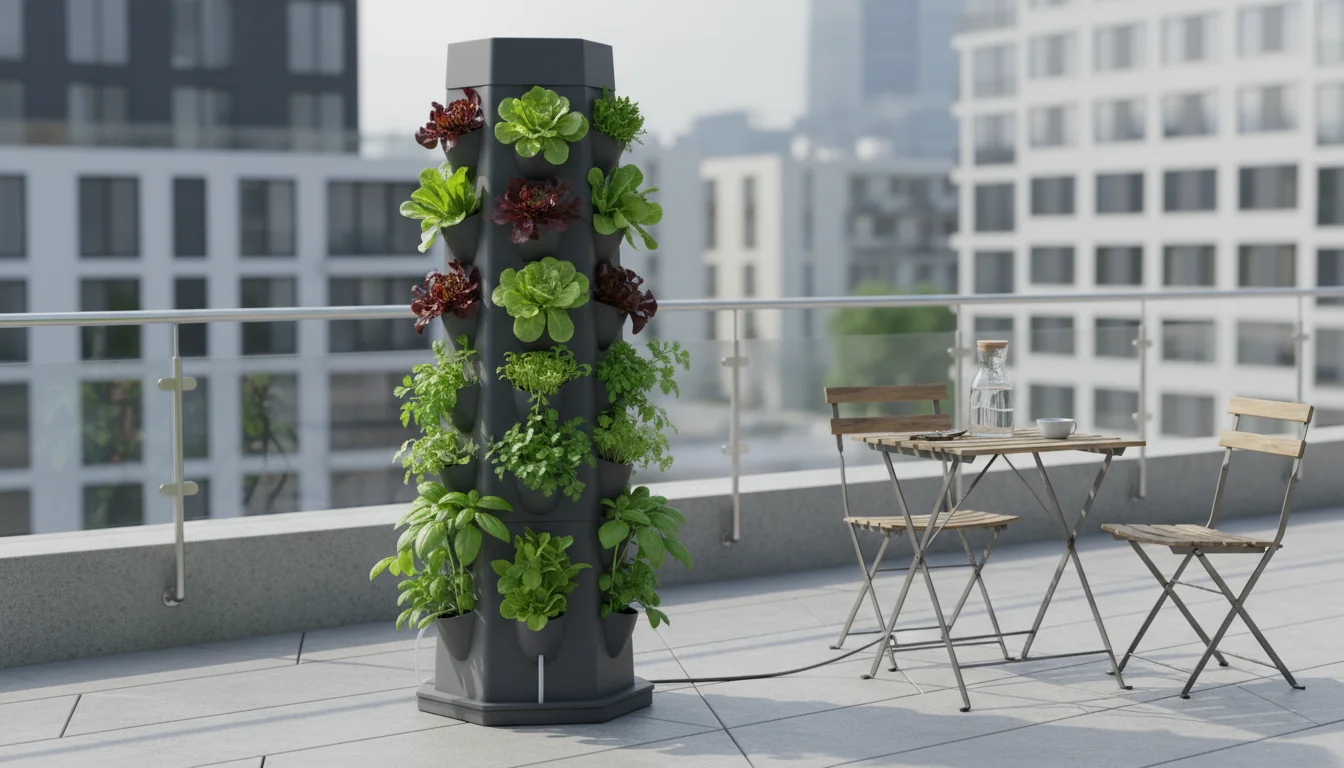 A modern charcoal grey hydroponic vertical tower teeming with lush leafy greens on a sunny urban patio, showing its self-contained base.