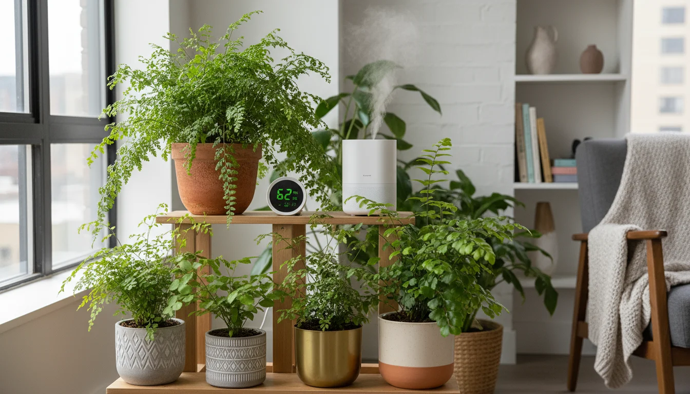 A modern, compact humidifier quietly mists lush ferns in various pots within an urban apartment corner, with a hygrometer reading 62% humidity.