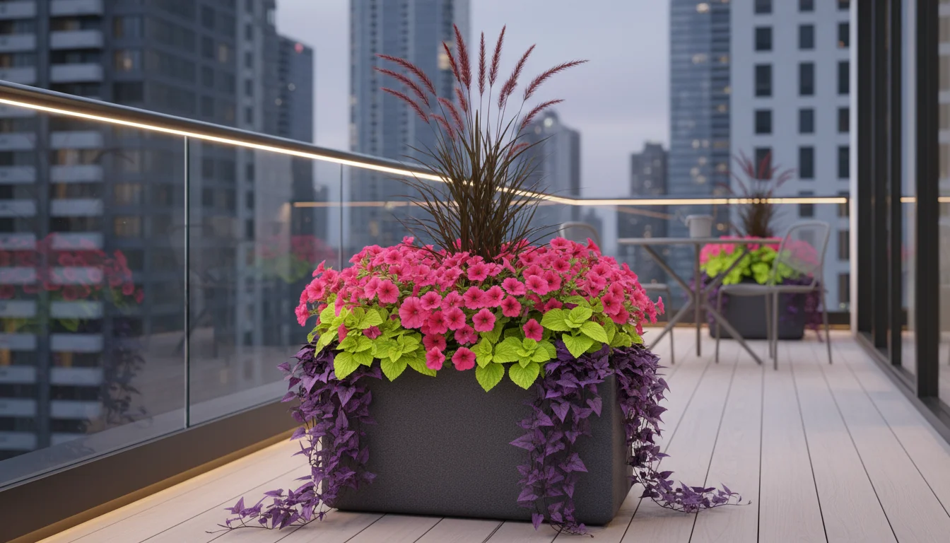 Modern dark grey planter on a balcony with a burgundy ornamental grass (thriller), pink petunias (filler), and purple sweet potato vine (spiller).